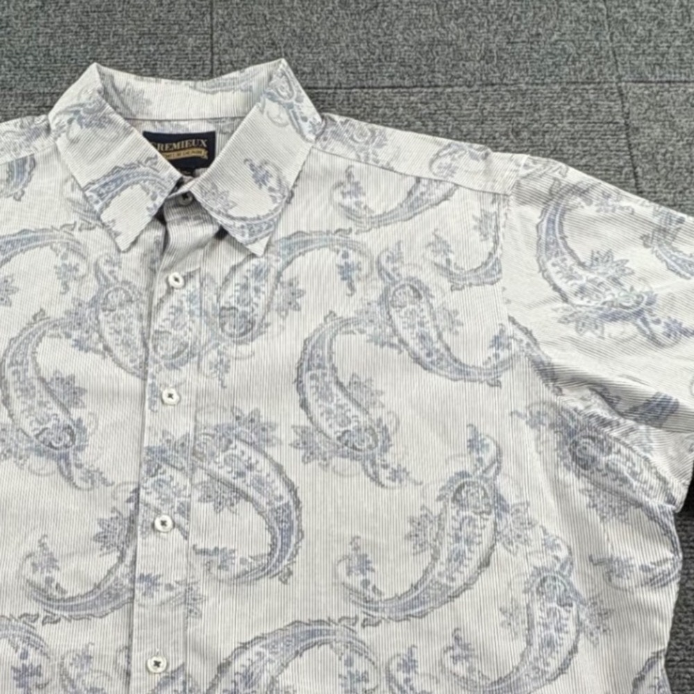 Cremieux Premium Denim Mens XL Blue White Striped Paisley Short Sleeve Shirt